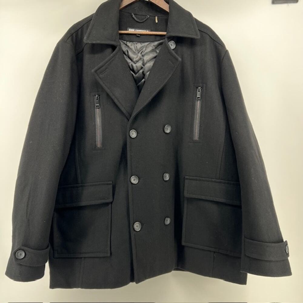 Karl Lagerfeld Paris Double Breasted Wool Blend Peacoat Mens XXL Designer Black